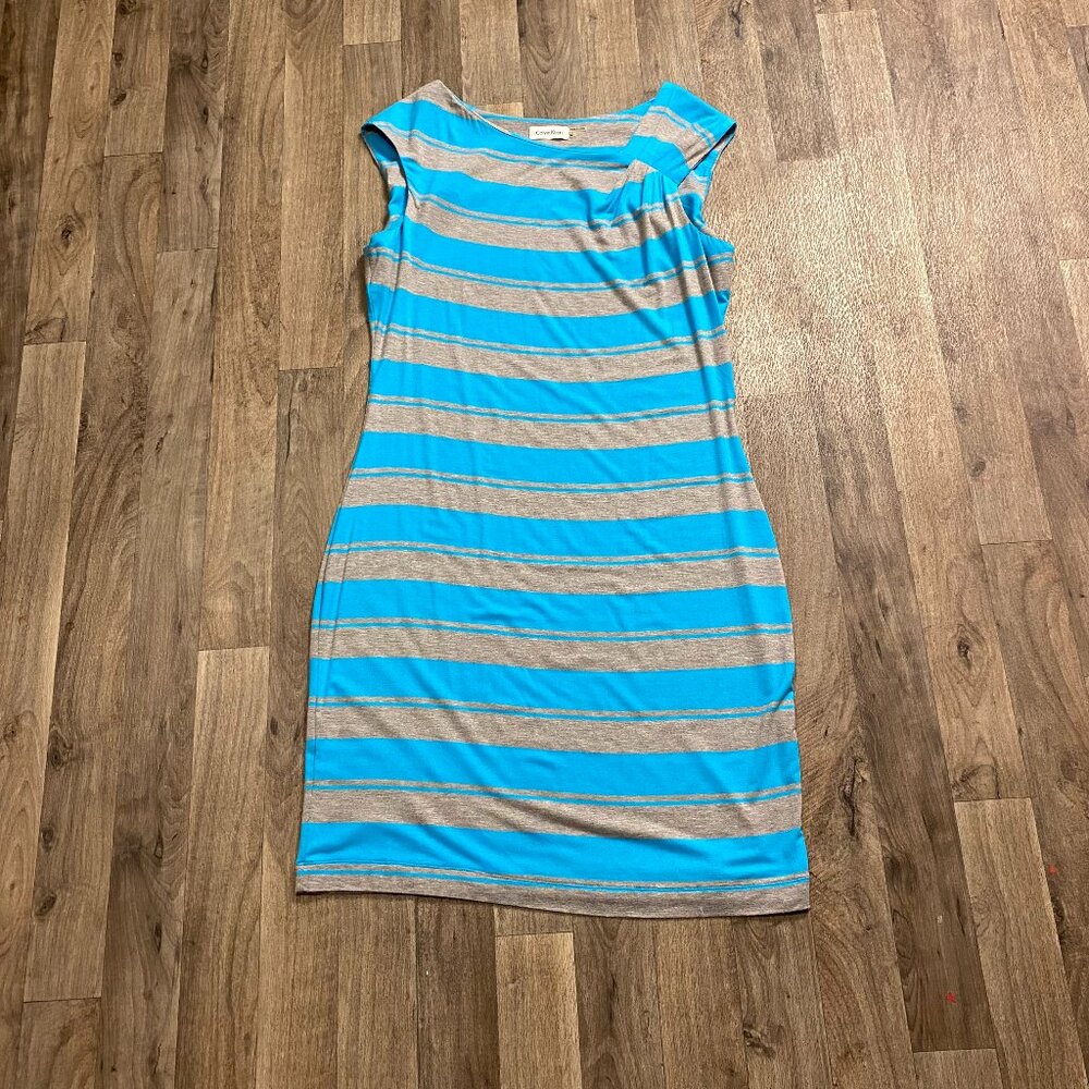 Calvin Klein Blue Gray Striped Soft Sheath Dress Size 12